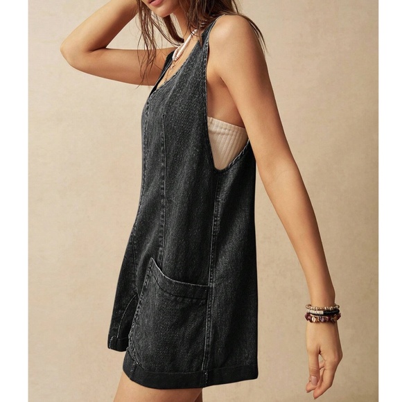 Mineral Wash Black Pockets Denim Jean Romper - Picture 3 of 7